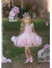 Pink Embroidered Lace Ombre Tulle Pompoms Flower Girl Dress Pink Embroidered Lace Ombre Tulle Pompoms Flower Girl Dress